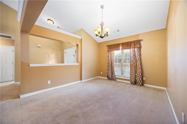 carpeted empty room with an inviting chandelier