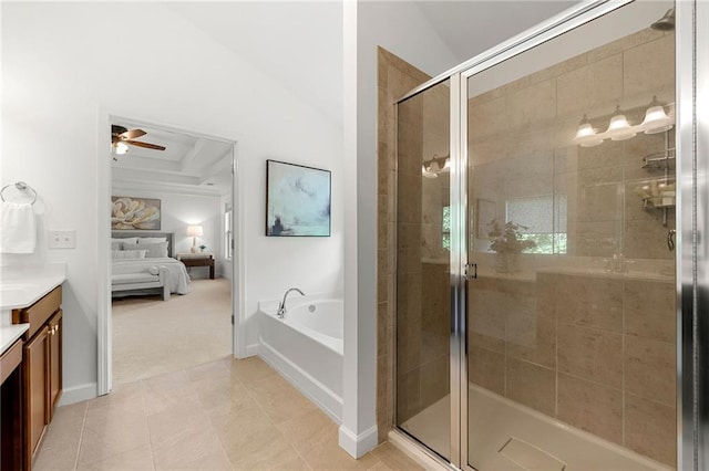 325 Cranbrooke Cir, Suwanee, GA 30024 - ensuite bathroom featuring vanity, a bath, a shower stall, ceiling fan, and tile patterned flooring