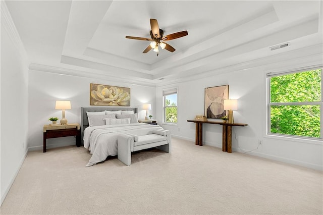 325 Cranbrooke Cir, Suwanee, GA 30024 - bedroom with a raised ceiling, light carpet, ceiling fan, and ornamental molding
