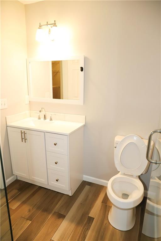 bathroom with toilet, hardwood / wood-style flooring, and vanity