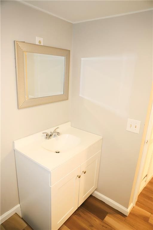 bathroom with vanity and wood-type flooring