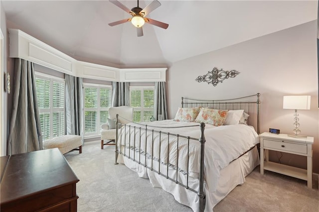 3235 Munsey Ct, Cumming, GA 30041 - bedroom with light carpet, multiple windows, high vaulted ceiling, and ceiling fan