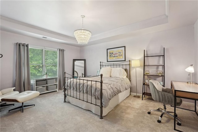 3235 Munsey Ct, Cumming, GA 30041 - carpeted bedroom featuring a tray ceiling, crown molding, a chandelier, and an office area