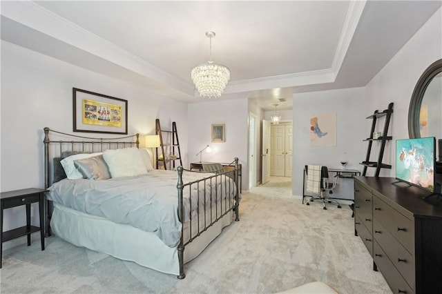3235 Munsey Ct, Cumming, GA 30041 - bedroom with a chandelier, light carpet, a tray ceiling, and ornamental molding