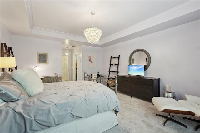 3235 Munsey Ct, Cumming, GA 30041 - bedroom with carpet flooring, a chandelier, a raised ceiling, and crown molding