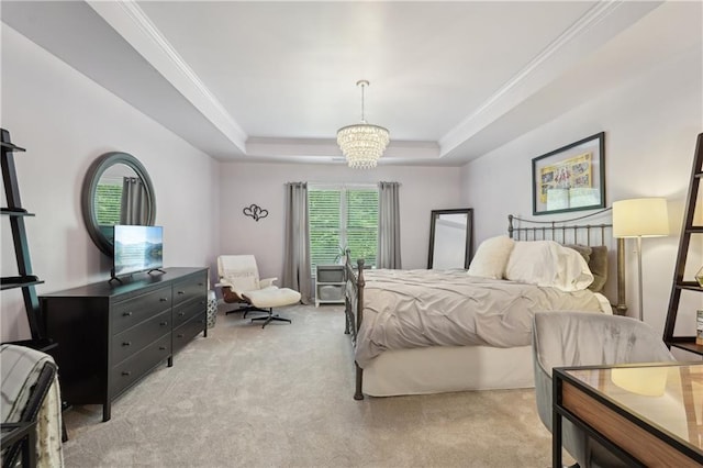 3235 Munsey Ct, Cumming, GA 30041 - bedroom with light carpet, a tray ceiling, a chandelier, and crown molding
