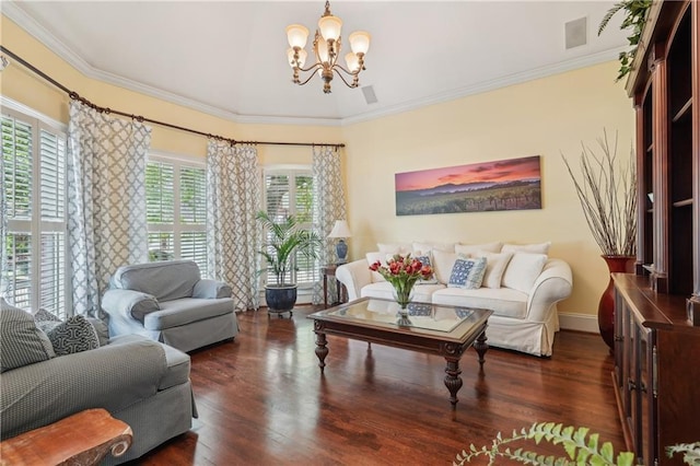 3235 Munsey Ct, Cumming, GA 30041 - living area featuring a chandelier, wood finished floors, and ornamental molding