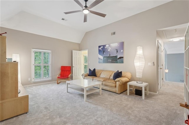 3235 Munsey Ct, Cumming, GA 30041 - carpeted living area featuring ceiling fan, attic access, and lofted ceiling