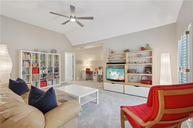 3235 Munsey Ct, Cumming, GA 30041 - living area with vaulted ceiling, ceiling fan, and carpet floors