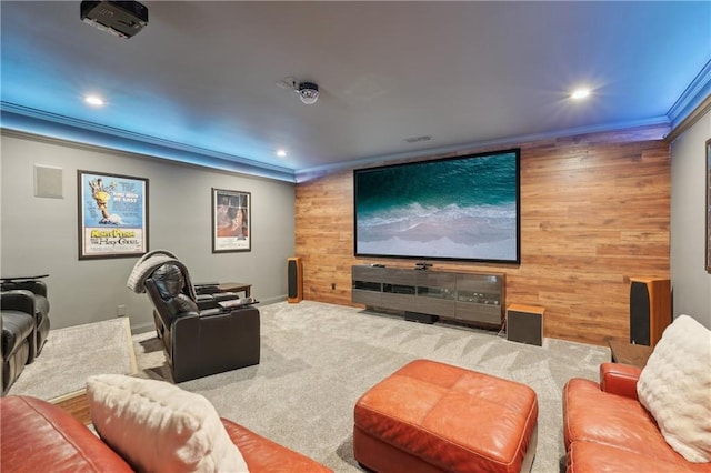 3235 Munsey Ct, Cumming, GA 30041 - home theater featuring wooden walls, ornamental molding, and recessed lighting