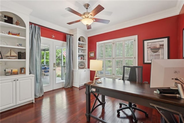 3235 Munsey Ct, Cumming, GA 30041 - home office with dark wood finished floors, built in features, ornamental molding, and ceiling fan