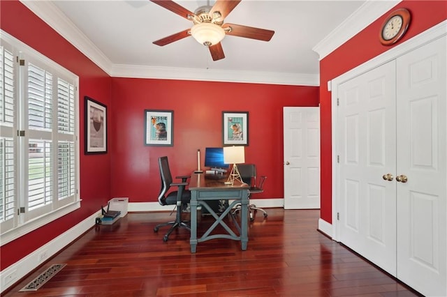 3235 Munsey Ct, Cumming, GA 30041 - office with plenty of natural light, ornamental molding, wood-type flooring, and a ceiling fan