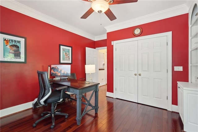 3235 Munsey Ct, Cumming, GA 30041 - home office featuring a ceiling fan, dark wood-style floors, and ornamental molding