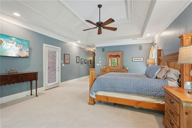 3235 Munsey Ct, Cumming, GA 30041 - bedroom with crown molding, access to outside, light carpet, coffered ceiling, and ceiling fan