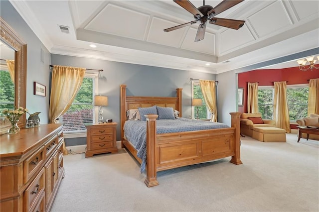 3235 Munsey Ct, Cumming, GA 30041 - bedroom featuring light carpet, a chandelier, a raised ceiling, crown molding, and recessed lighting