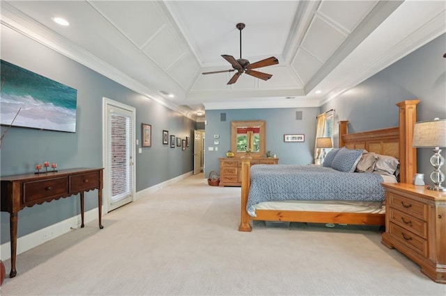 3235 Munsey Ct, Cumming, GA 30041 - bedroom with ornamental molding, light colored carpet, coffered ceiling, a ceiling fan, and access to outside