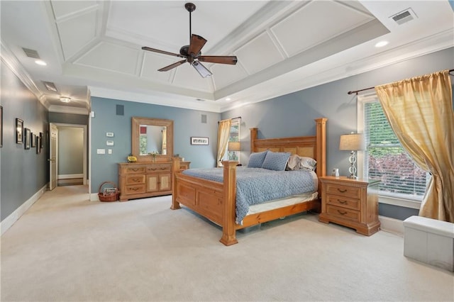 3235 Munsey Ct, Cumming, GA 30041 - carpeted bedroom featuring coffered ceiling, ornamental molding, a ceiling fan, and recessed lighting