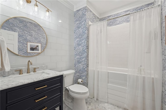3235 Munsey Ct, Cumming, GA 30041 - full bathroom featuring shower / tub combo, crown molding, vanity, and tile walls