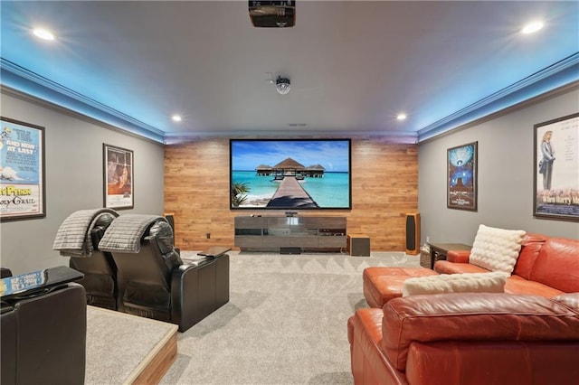3235 Munsey Ct, Cumming, GA 30041 - carpeted home theater featuring crown molding, recessed lighting, and wood walls