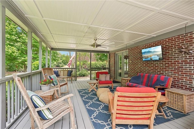 3235 Munsey Ct, Cumming, GA 30041 - wooden deck featuring an outdoor hangout area and ceiling fan