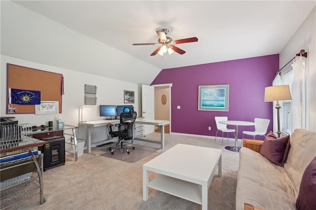 3235 Munsey Ct, Cumming, GA 30041 - home office with ceiling fan, carpet flooring, and vaulted ceiling