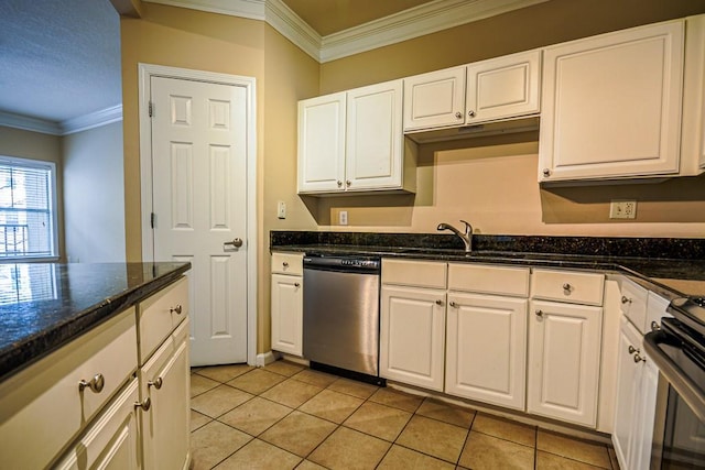 kitchen with a sink, white cabinets, ornamental molding, stainless steel dishwasher, and range