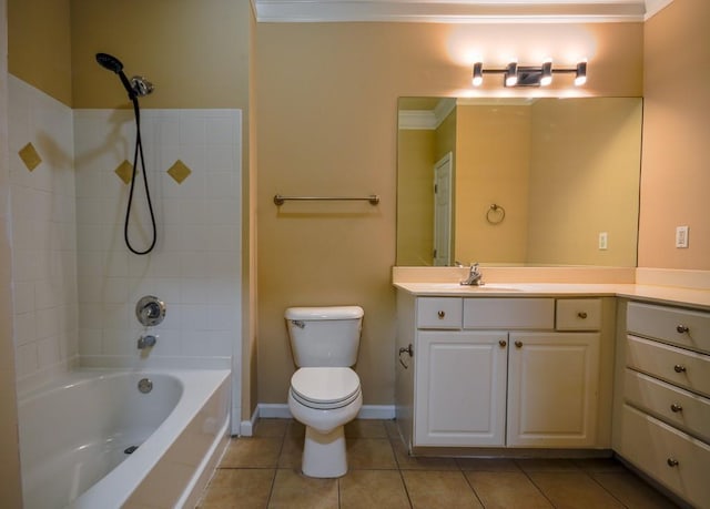 full bath with toilet, tile patterned floors,  shower combination, crown molding, and vanity