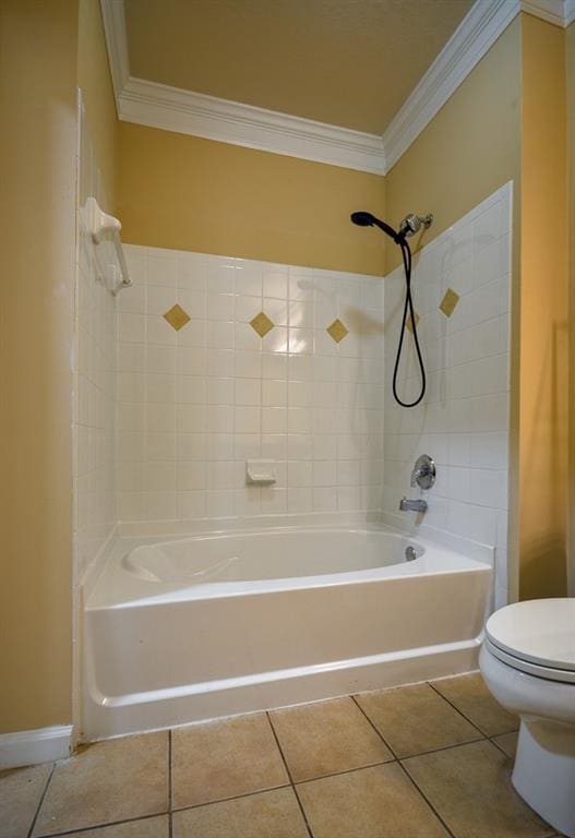 bathroom featuring toilet, tub / shower combination, crown molding, and tile patterned floors