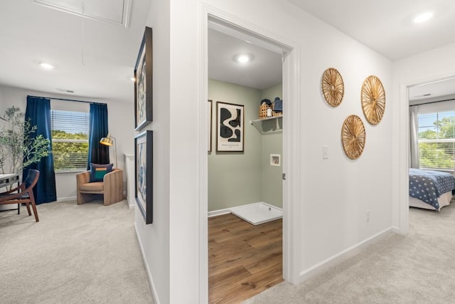 hallway featuring plenty of natural light and light colored carpet