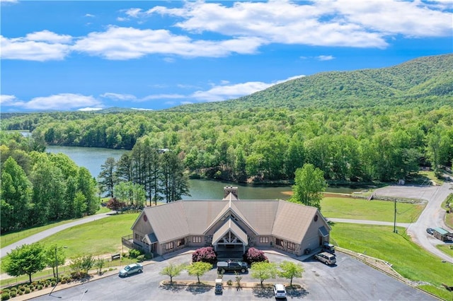 bird's eye view featuring a water and mountain view