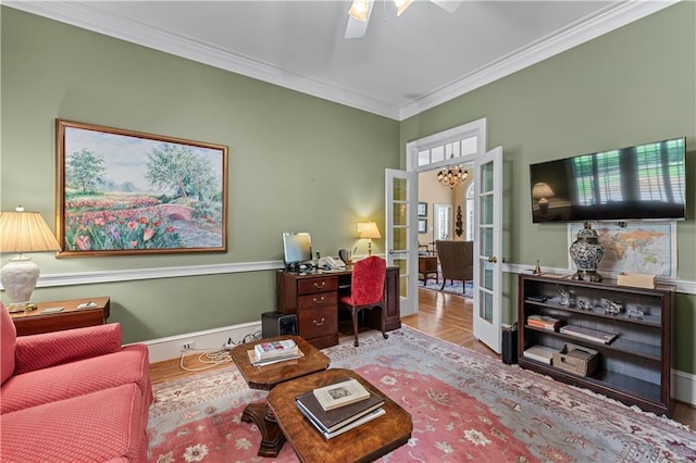 2117 Stephens Walk, Dunwoody, GA 30338 - office space with wood finished floors, french doors, a ceiling fan, and crown molding