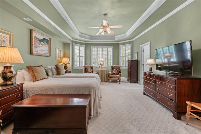 2117 Stephens Walk, Dunwoody, GA 30338 - bedroom featuring a raised ceiling, carpet flooring, crown molding, a ceiling fan, and baseboards