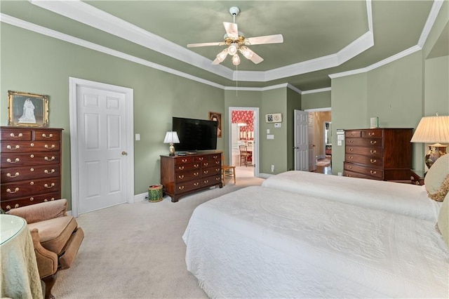 2117 Stephens Walk, Dunwoody, GA 30338 - bedroom with a raised ceiling, carpet floors, crown molding, baseboards, and a ceiling fan