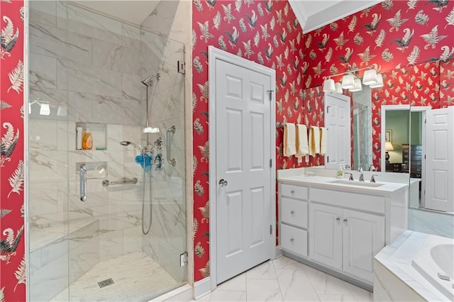 2117 Stephens Walk, Dunwoody, GA 30338 - full bathroom with a marble finish shower, wallpapered walls, vanity, a garden tub, and marble look tiles