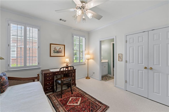 2117 Stephens Walk, Dunwoody, GA 30338 - carpeted bedroom with crown molding, baseboards, a closet, ensuite bathroom, and a ceiling fan
