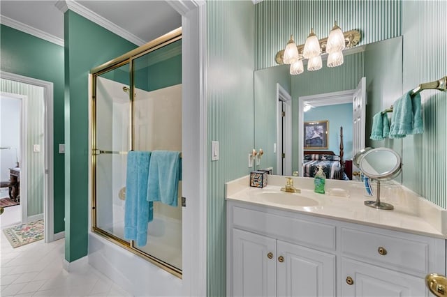 2117 Stephens Walk, Dunwoody, GA 30338 - ensuite bathroom with combined bath / shower with glass door, ornamental molding, vanity, tile patterned floors, and baseboards