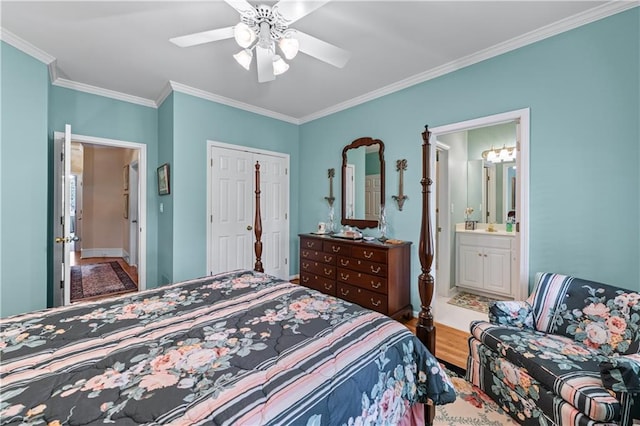 2117 Stephens Walk, Dunwoody, GA 30338 - bedroom with crown molding, wood finished floors, a ceiling fan, ensuite bathroom, and a closet