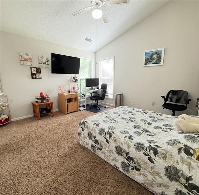 bedroom with a ceiling fan, a textured ceiling, visible vents, vaulted ceiling, and carpet