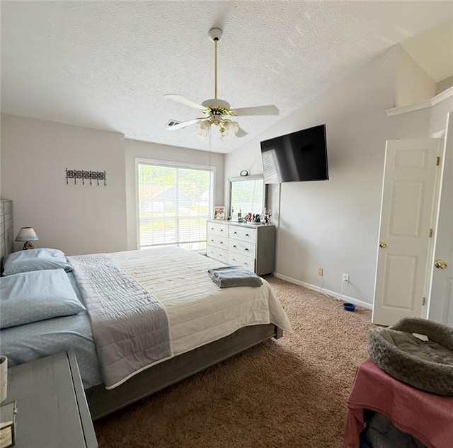 bedroom featuring light colored carpet, a textured ceiling, a ceiling fan, baseboards, and lofted ceiling