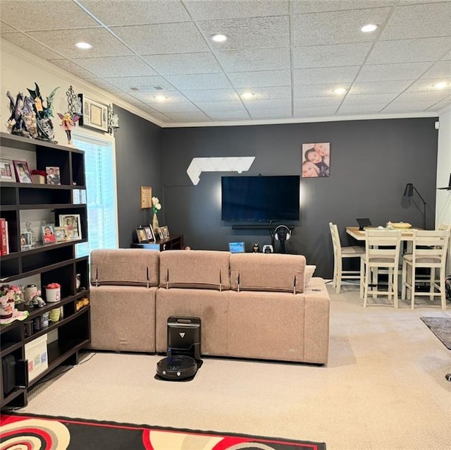 carpeted living room featuring crown molding, recessed lighting, and visible vents
