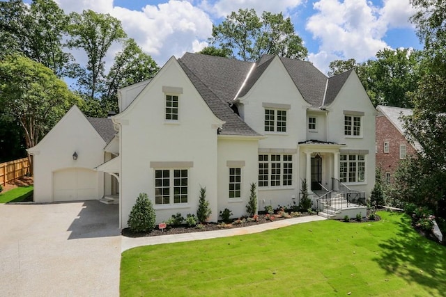 french country inspired facade featuring a front lawn and a garage