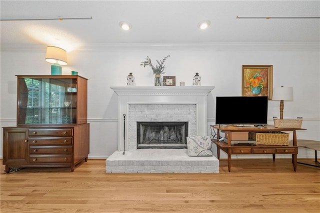 living area featuring crown molding, wood finished floors, and a fireplace
