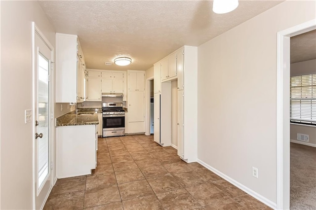 kitchen featuring stainless steel stove, a healthy amount of sunlight, and a textured ceiling