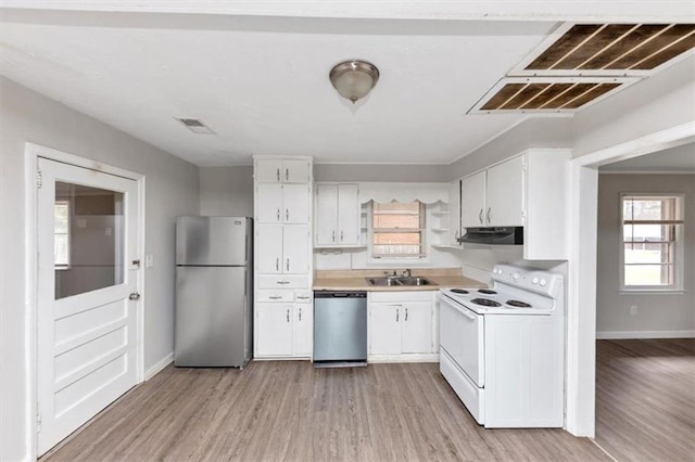 kitchen with under cabinet range hood, appliances with stainless steel finishes, white cabinetry, and light countertops