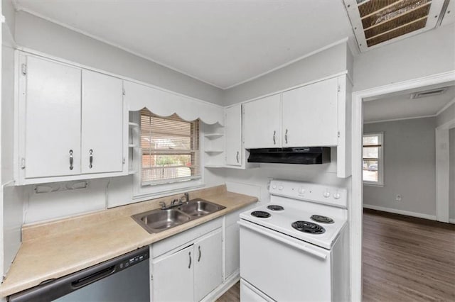 kitchen with under cabinet range hood, dishwasher, electric stove, white cabinetry, and a sink