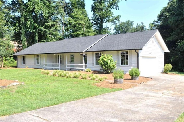 5974 SW Four Winds Dr SW, Lilburn, GA 30047 - ranch-style house with a porch, an attached garage, concrete driveway, a front lawn, and a shingled roof