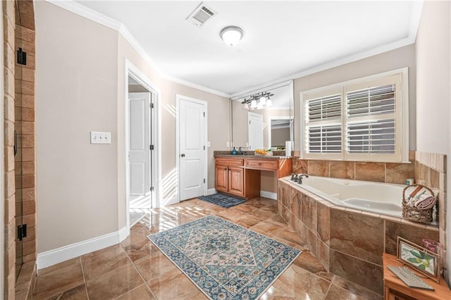 bathroom with vanity, crown molding, a garden tub, and visible vents