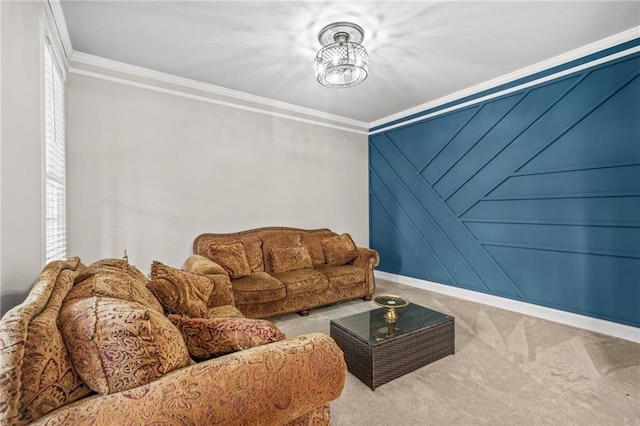 living area featuring crown molding and carpet floors