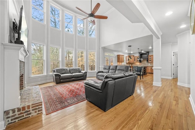 living area with a ceiling fan, baseboards, light wood finished floors, and ornamental molding