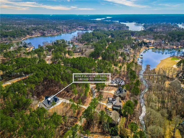 birds eye view of property featuring a water view and a wooded view